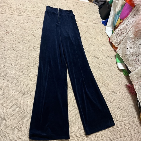 Velvet wide leg Trousers high waisted zipper flare stretch comfy 70s retro pants - Picture 2 of 6